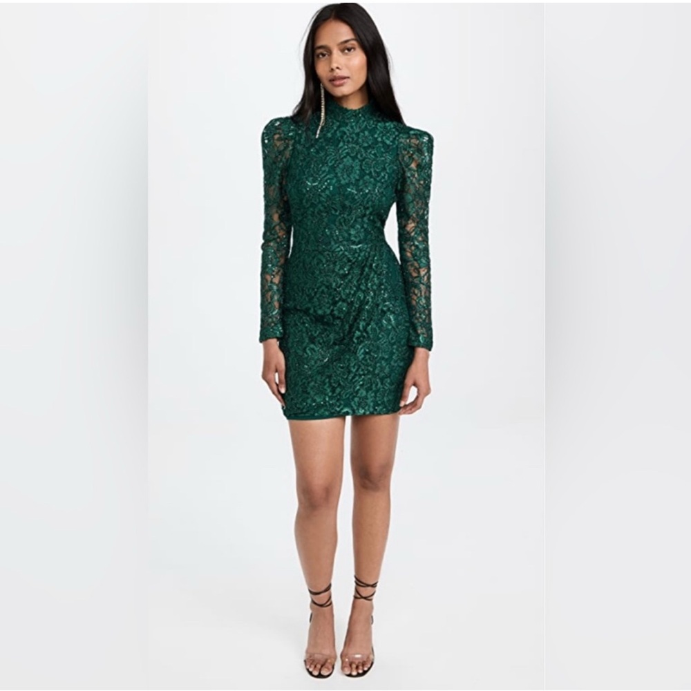 New! Black Halo Santorini Lace Sequin Long Sleeve Mini Dress Green Sz 12 $415